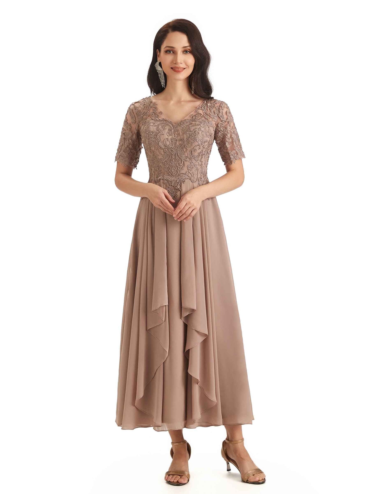 Elegant Short Sleeves Chiffon Lace Short Midi Mother of The Groom Dresses UK
