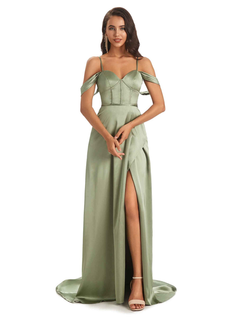Stylish Soft Satin Side Slit Spaghetti Straps Cold Shoulder Bridesmaid Dresses UK