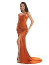 Simple Mermaid Soft Satin Spaghetti Straps Side Slit Modern Prom Dresses
