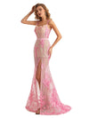 Tulle And Lace Applique Spaghetti Straps Side Slit Mermaid Floor-length Long Party Prom Dresses
