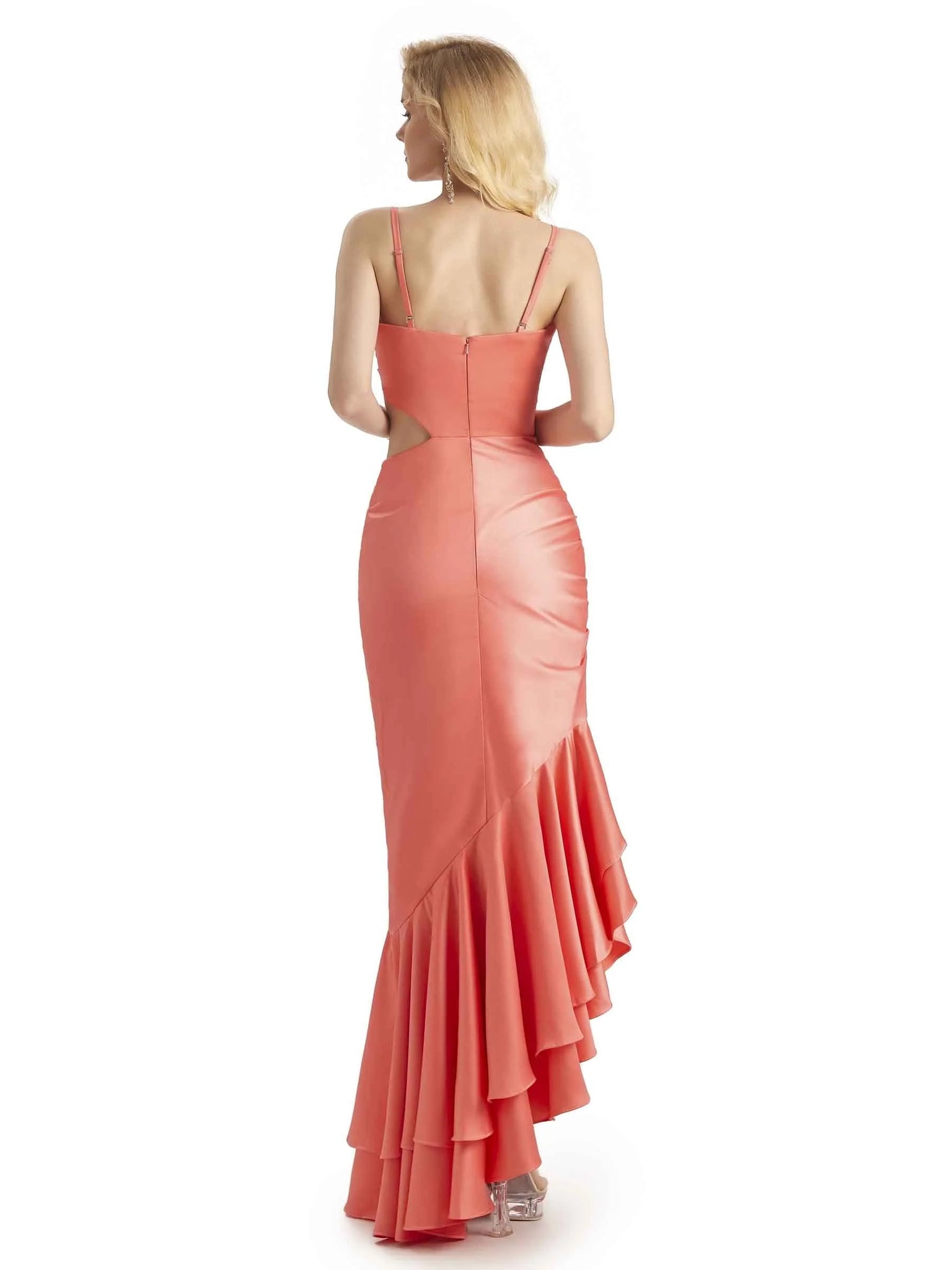 Sexy Spaghetti Straps Mermaid Soft Satin Asymmetrical Mermaid Prom Dresses