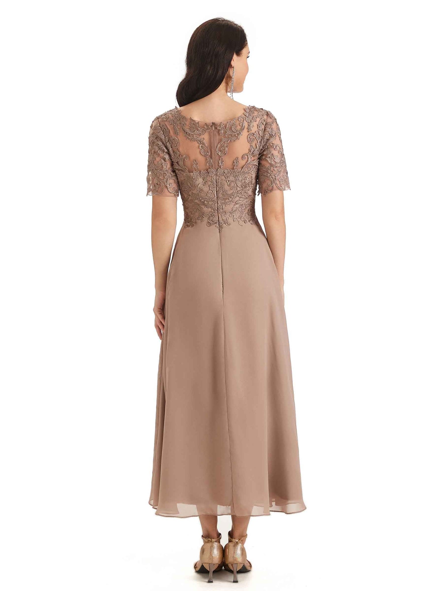 Elegant Short Sleeves Chiffon Lace Short Midi Mother of The Groom Dresses UK