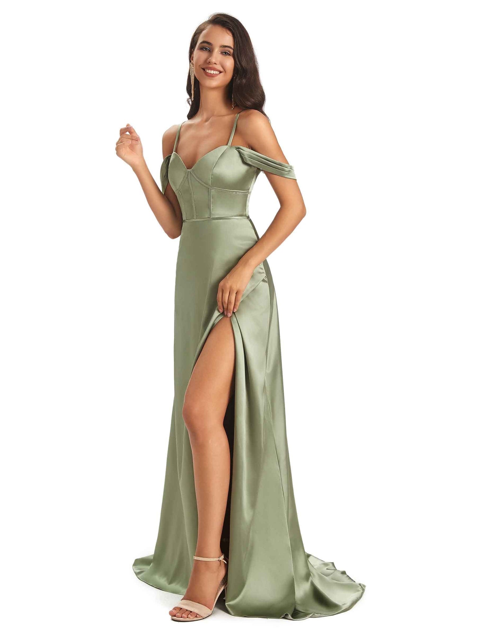 Silky Satin Side Slit Cold Shoulder Bridesmaid Dresses Online UK