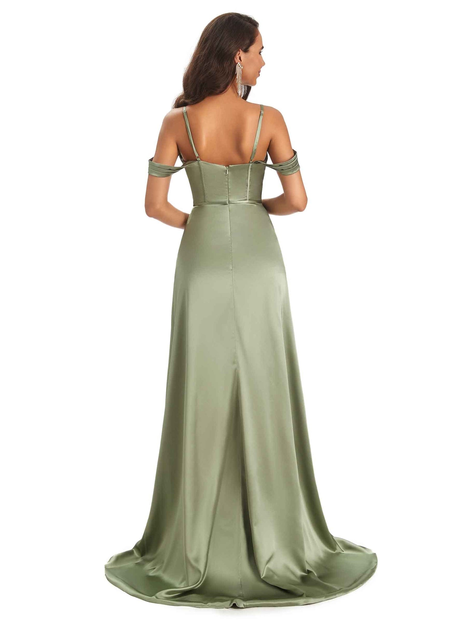 Stylish Soft Satin Side Slit Spaghetti Straps Floor-Length Cold Shoulder Prom Dresses Online