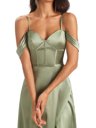 Stylish Soft Satin Side Slit Spaghetti Straps Floor-Length Cold Shoulder Prom Dresses Online