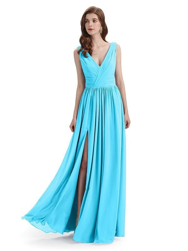 Sexy Side Slit V-Neck Sleeveless Long Chiffon Long Maid of Honor Dresses Uk