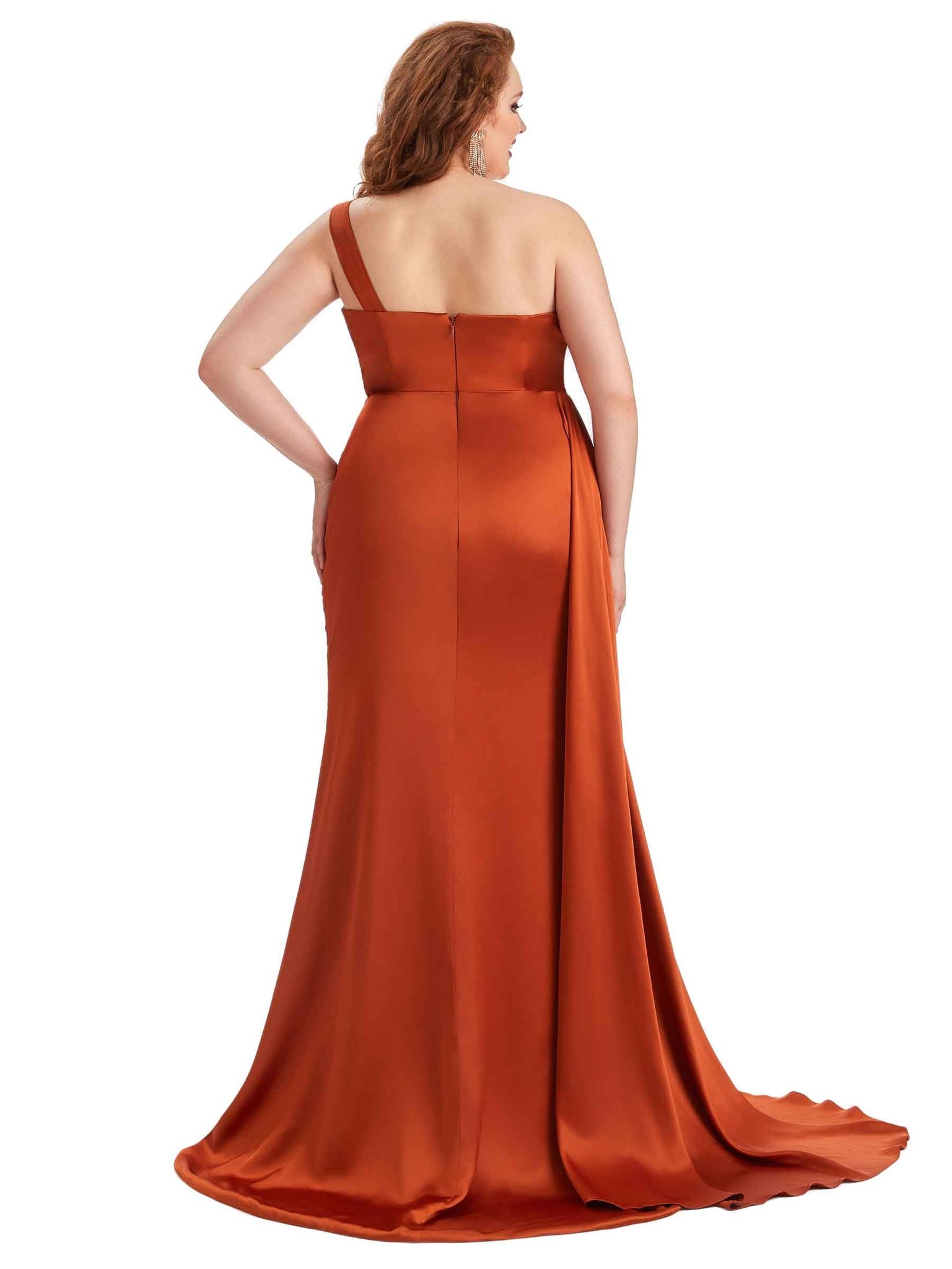 Elegant One Shoulder Side Slit Mermaid Soft Stain Long Plus Size Bridesmaid Dress For Wedding