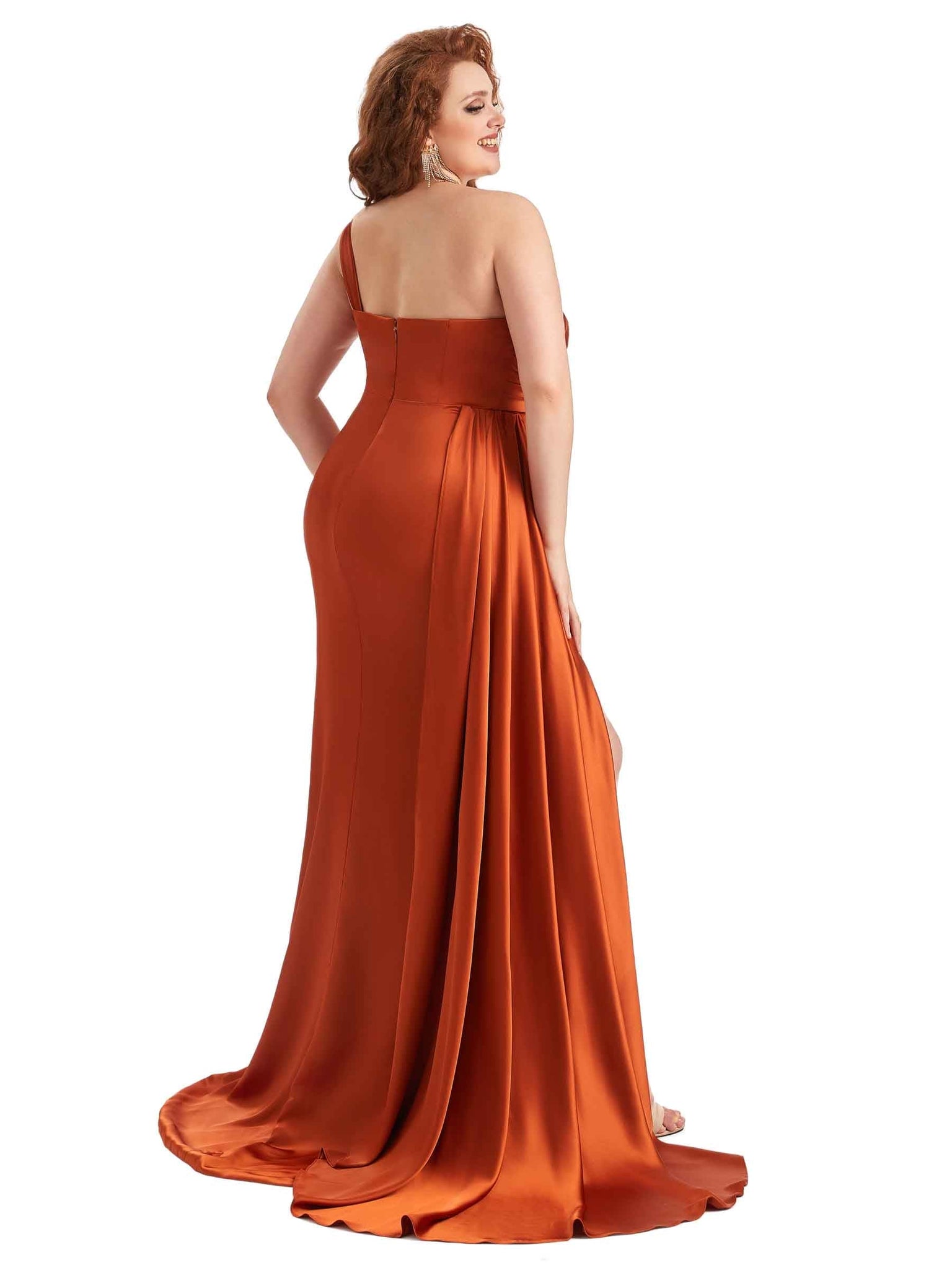 Elegant One Shoulder Side Slit Mermaid Soft Stain Long Plus Size Bridesmaid Dress For Wedding