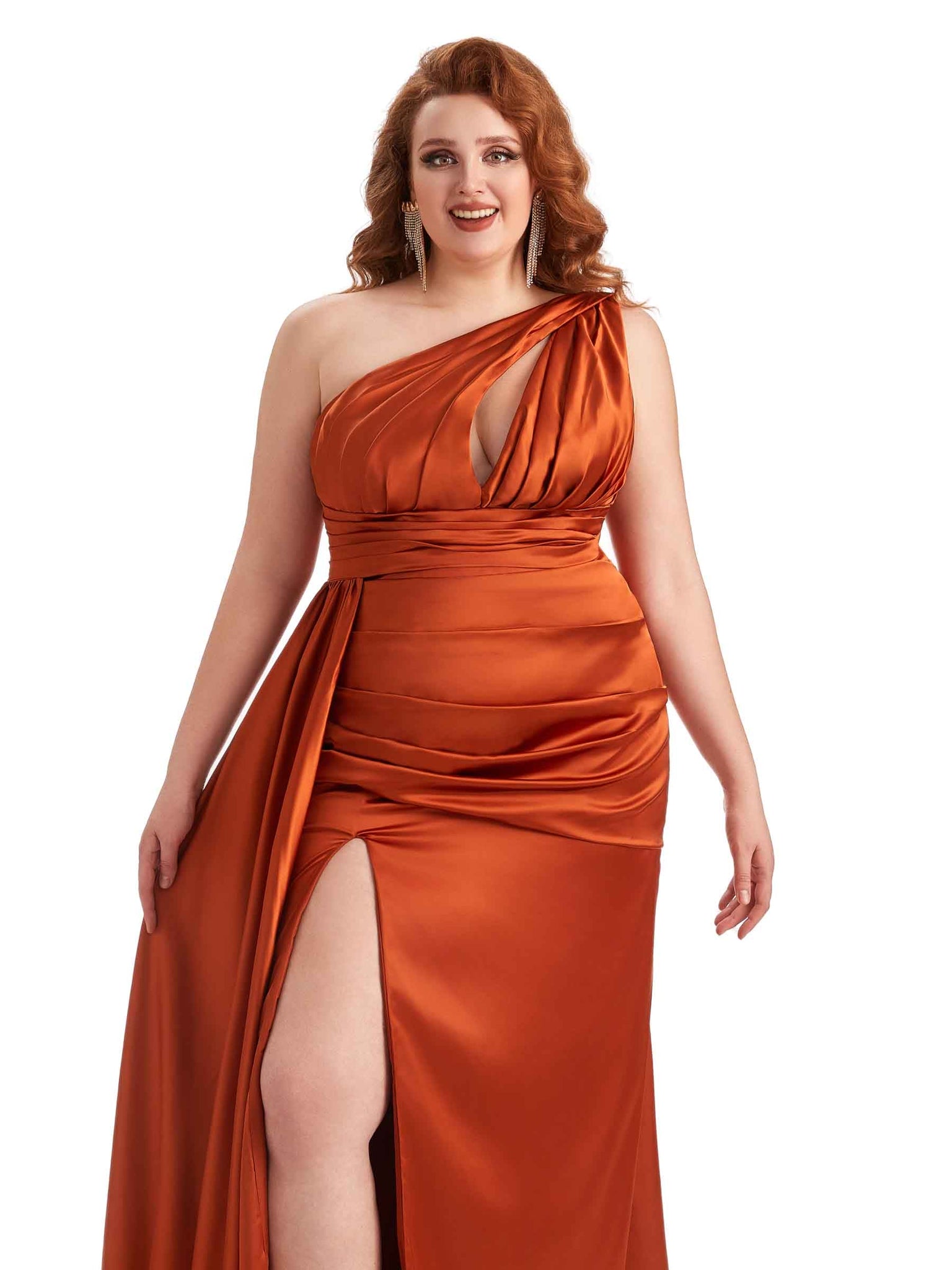 Elegant One Shoulder Side Slit Mermaid Soft Stain Long Plus Size Bridesmaid Dress For Wedding