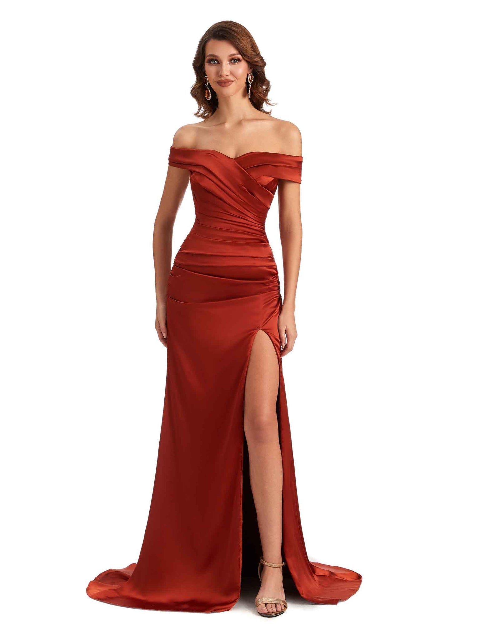 Sexy Mermaid Side Slit Off The Shoulder Silky Satin Chic Long Maid of Honour Dresses UK