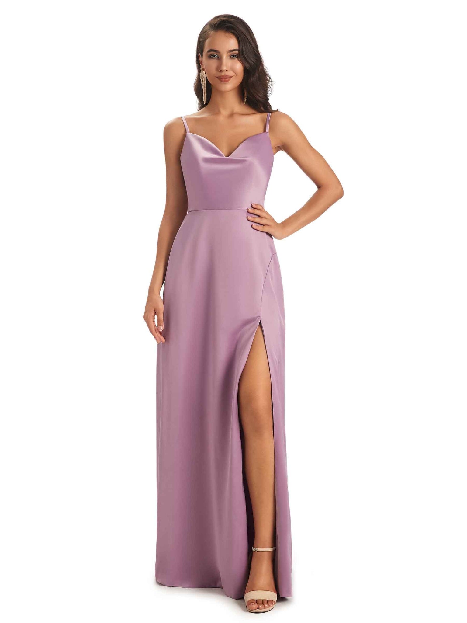 Sexy Soft Satin Side Slit Spaghetti straps Floor-Length Long Mermaid Prom Dresses