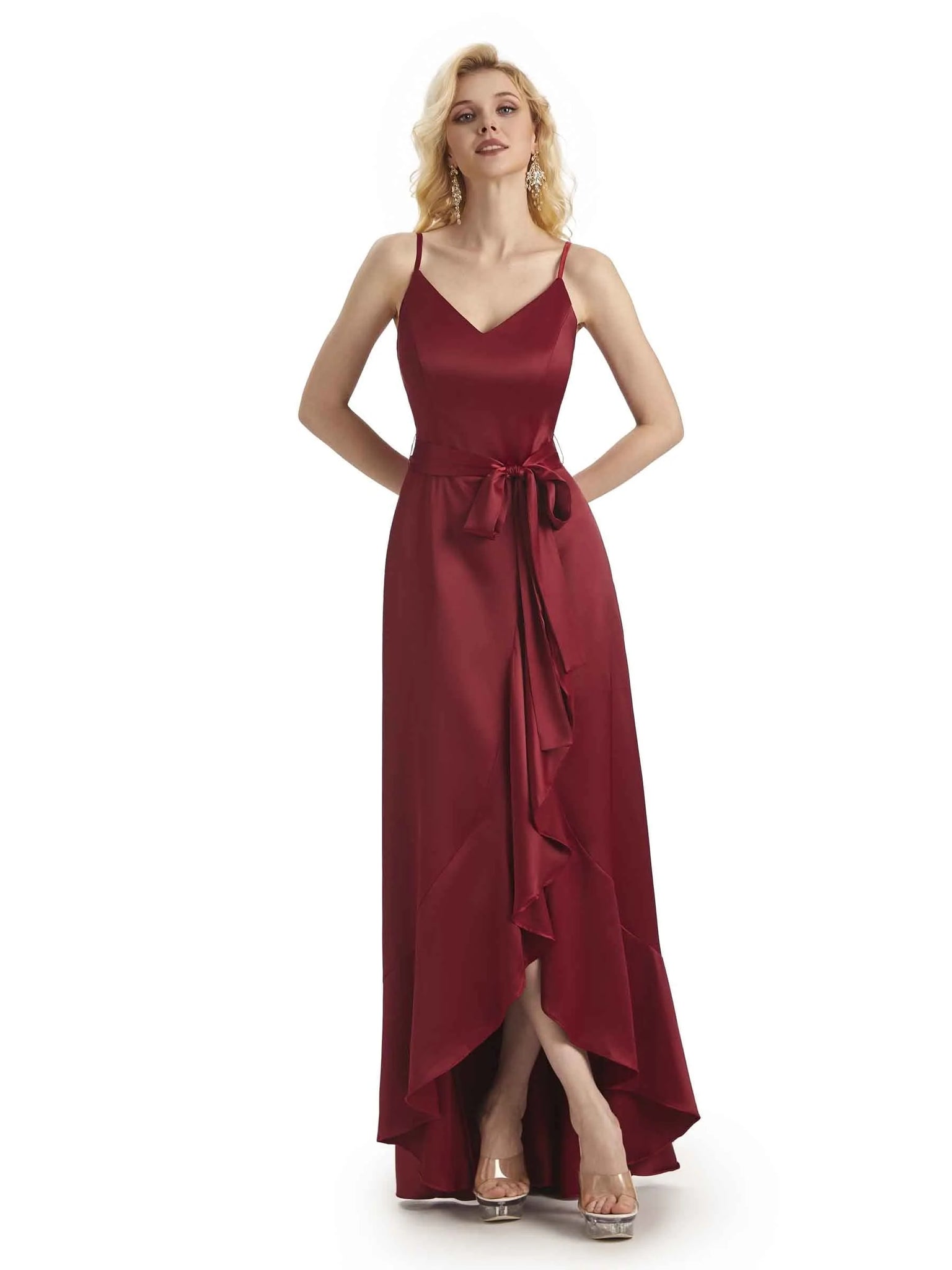 Elegant Spaghetti Straps A-line V-neck Asymmetrical Satin Long Mermaid Prom Dresses