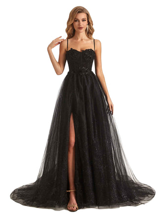 Tulle And Lace Applique Spaghetti Straps Side Slit A-Line Floor-length Long Party Prom Dresses