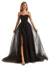 Tulle And Lace Applique Spaghetti Straps Side Slit A-Line Floor-length Long Party Prom Dresses
