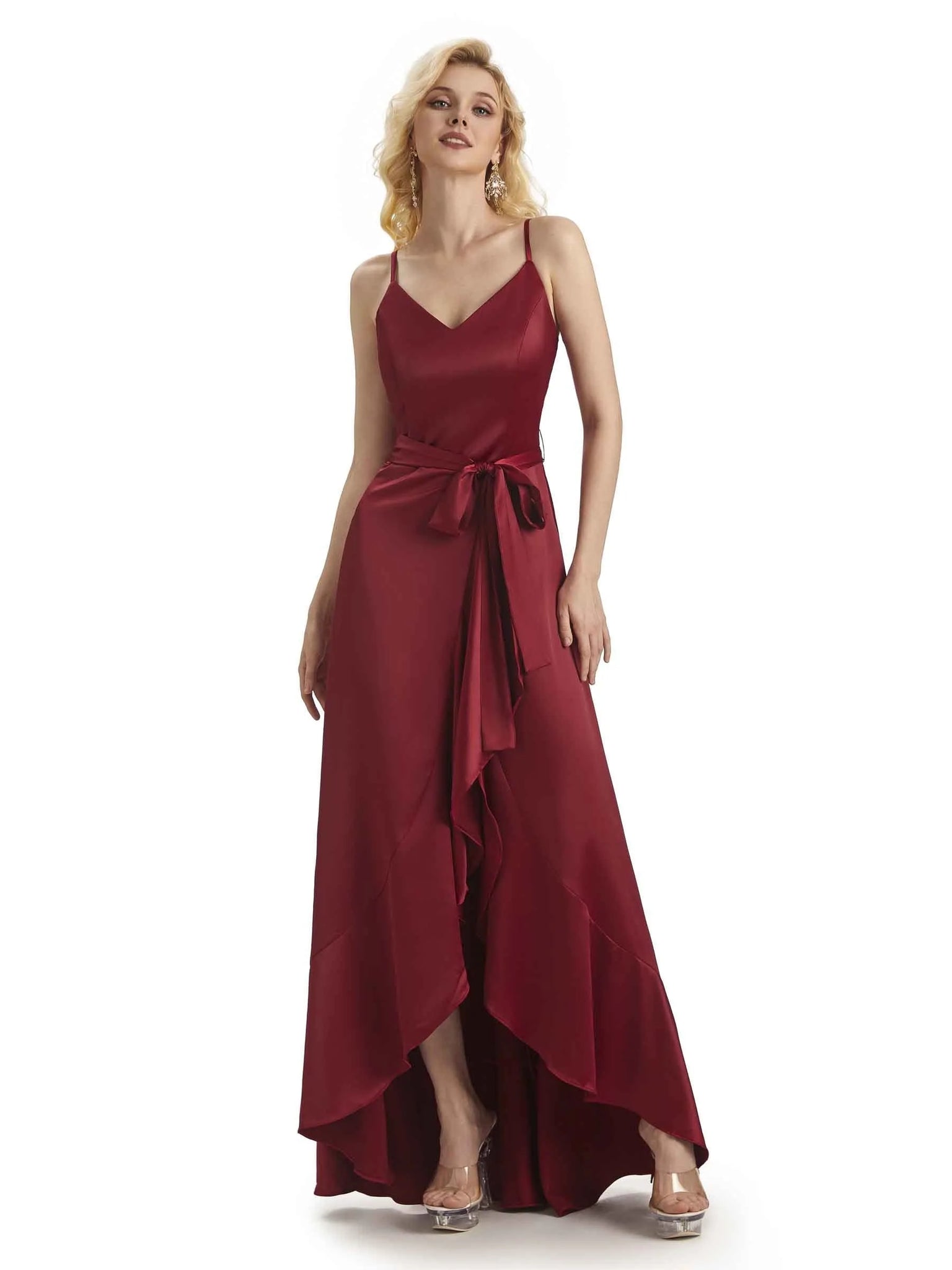 Elegant Spaghetti Straps A-line V-neck Asymmetrical Satin Long Mermaid Prom Dresses