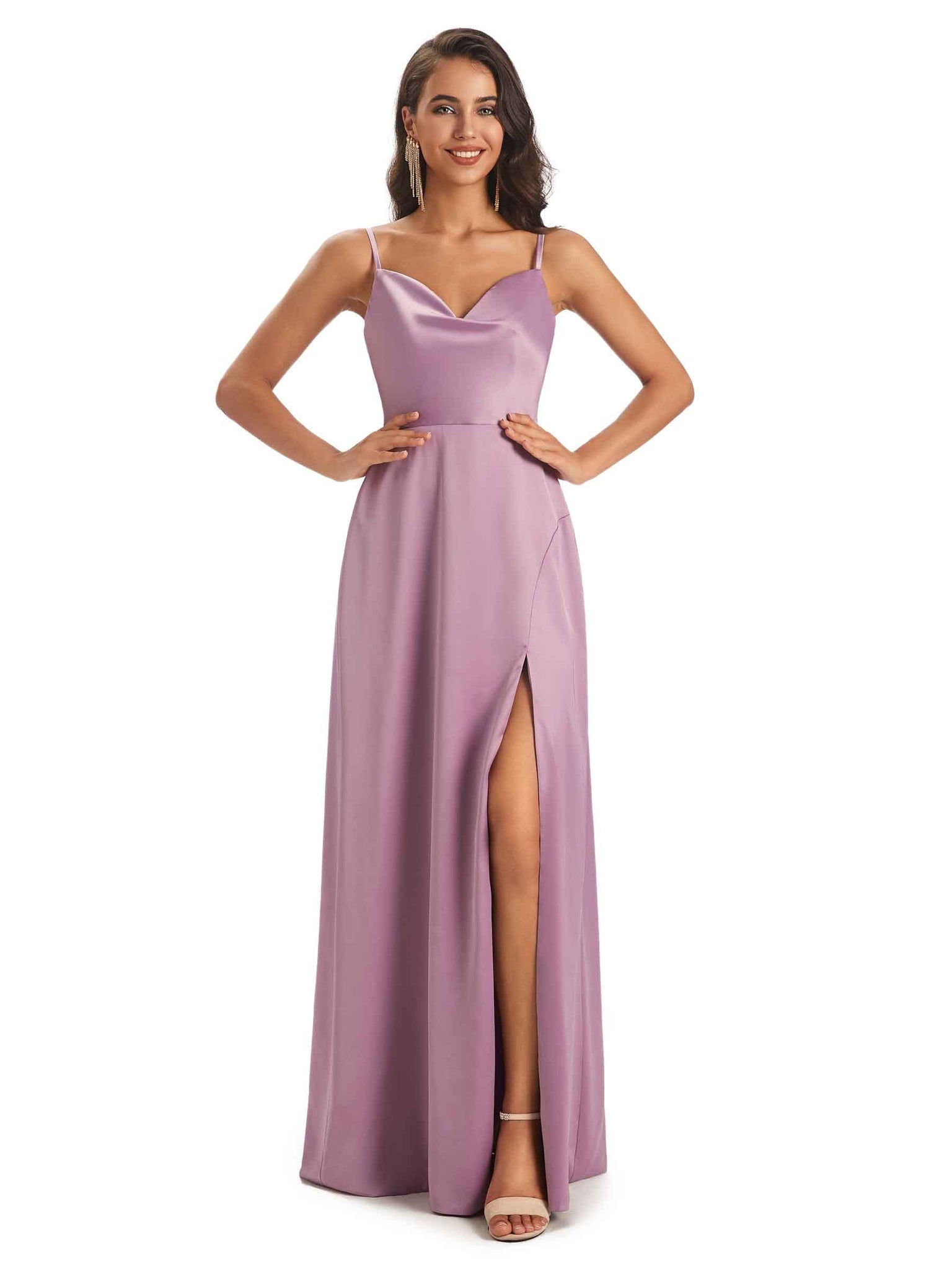 Sexy Soft Satin Side Slit Spaghetti straps Floor-Length Long Mermaid Prom Dresses