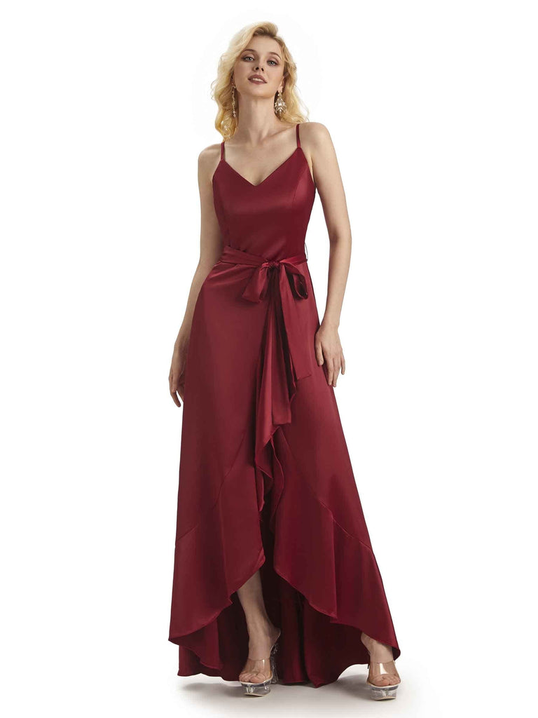 Elegant Spaghetti Straps A-line V-neck Asymmetrical Satin Bridesmaid Dresses UK Online Sale