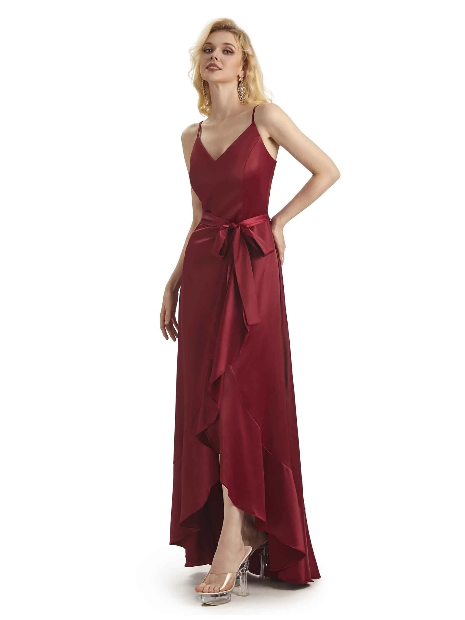 Elegant Spaghetti Straps A-line V-neck Asymmetrical Satin Long Mermaid Prom Dresses