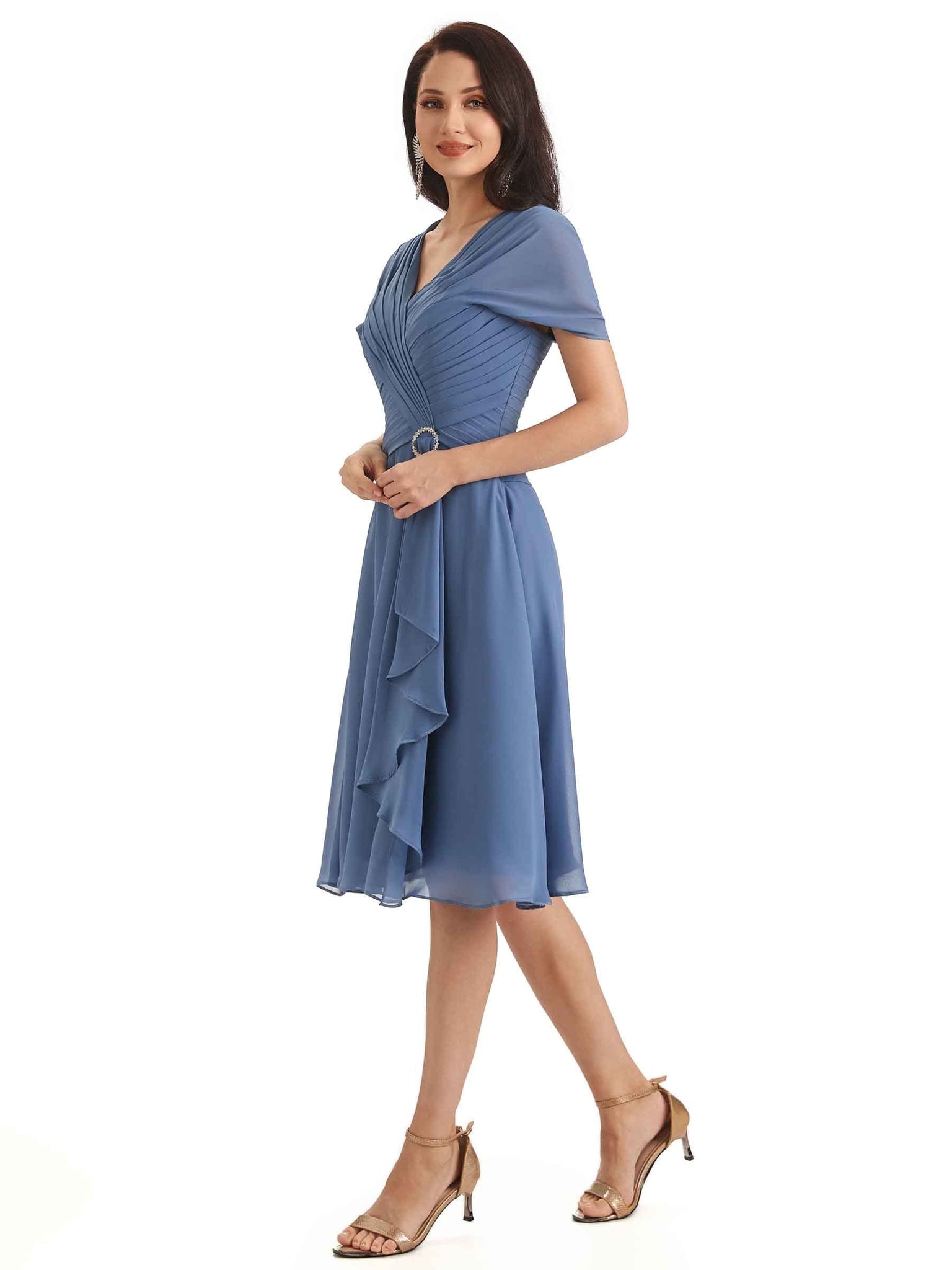 Chiffon Cap Sleeves V-neck Short Midi Mother of The Bride Groom Dresses UK