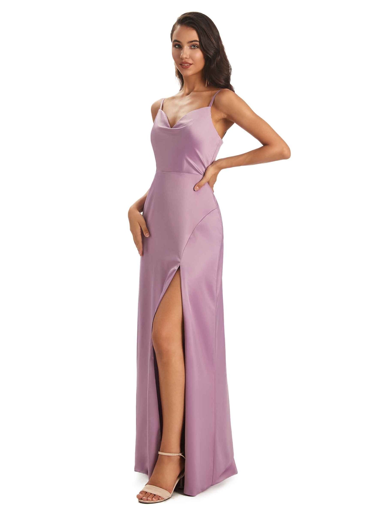 Sexy Soft Satin Side Slit Spaghetti straps Floor-Length Long Mermaid Prom Dresses