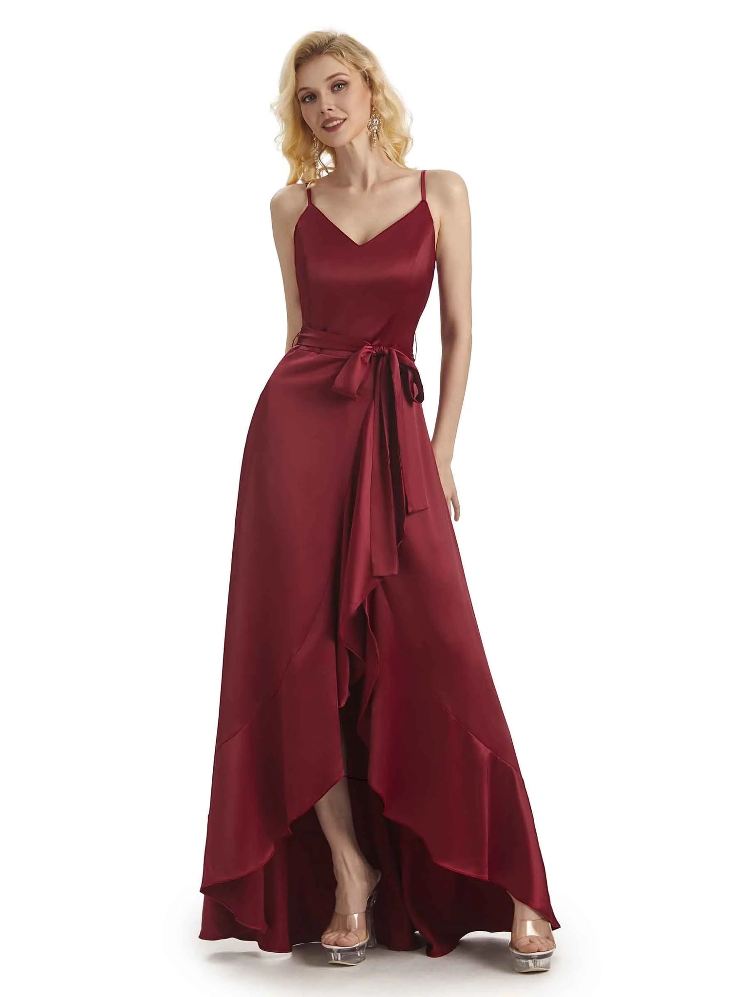 Elegant Spaghetti Straps A-line V-neck Asymmetrical Satin Long Mermaid Prom Dresses