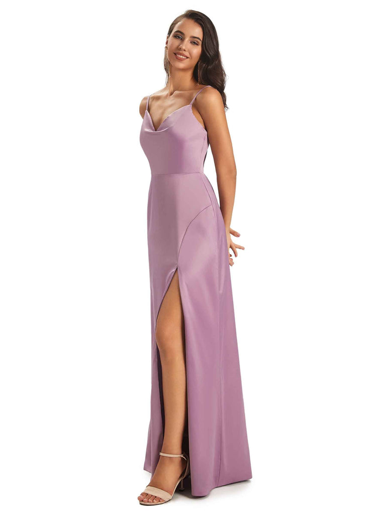 Sexy Soft Satin Side Slit Spaghetti straps Floor-Length Long Mermaid Prom Dresses
