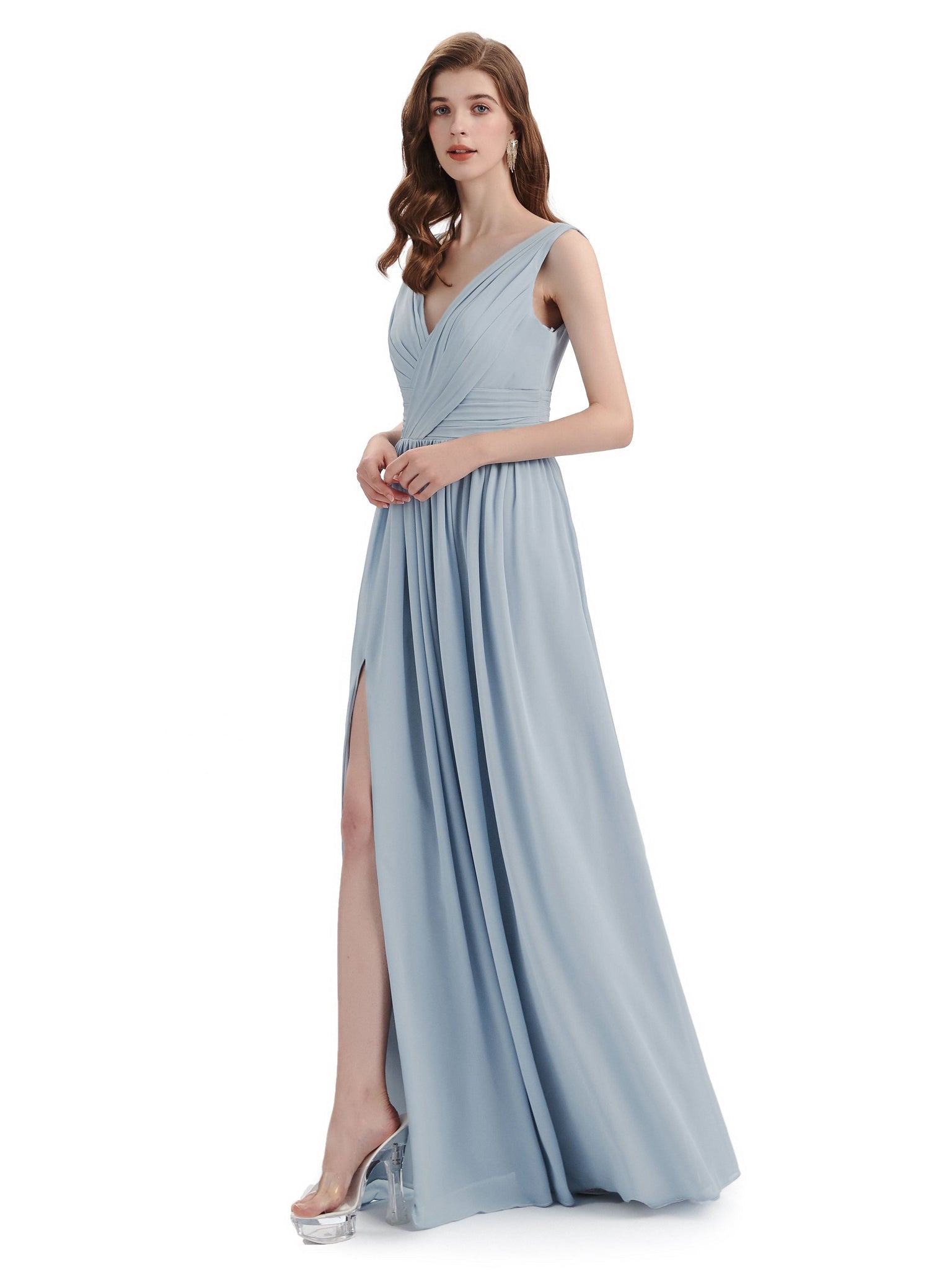 Sexy Side Slit V-Neck Sleeveless Long Chiffon Long Maid of Honor Dresses Uk