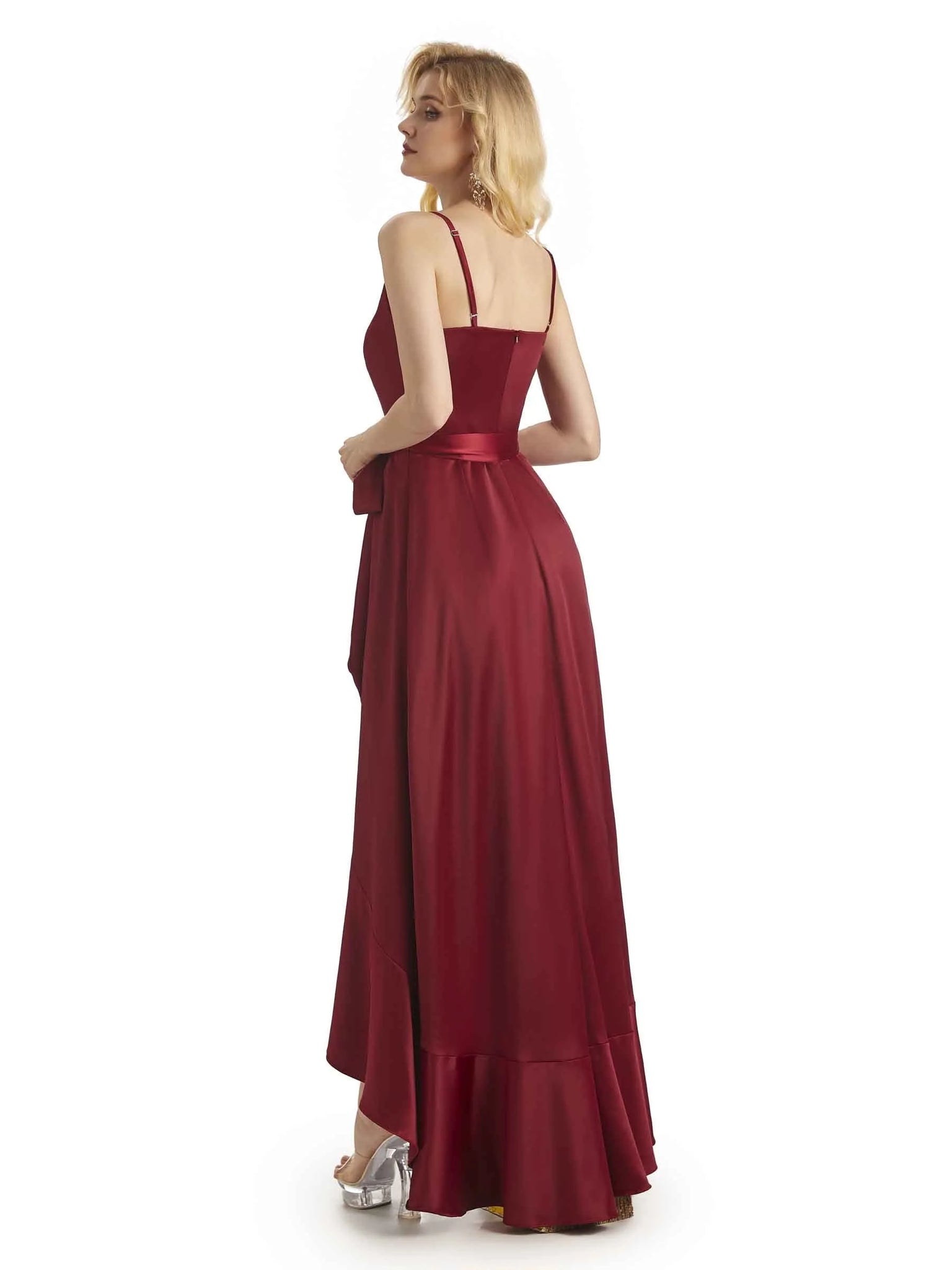 Elegant Spaghetti Straps A-line V-neck Asymmetrical Satin Long Mermaid Prom Dresses