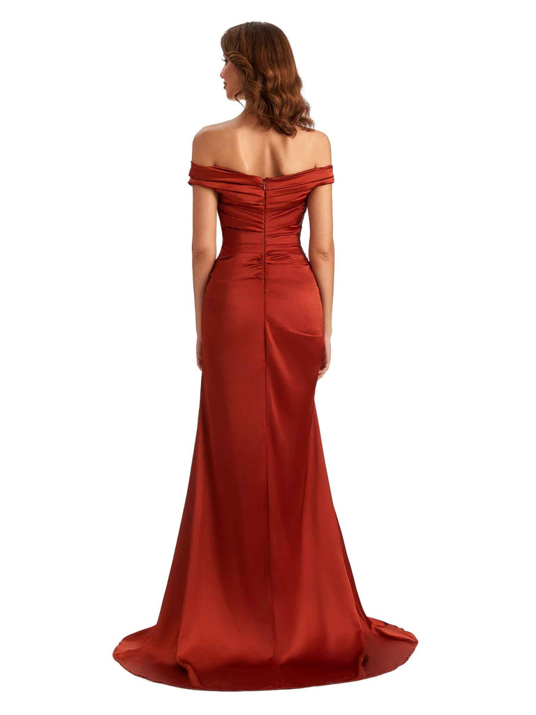 Sexy Mermaid Side Slit Off The Shoulder Silky Satin Chic Long Maid of Honour Dresses UK