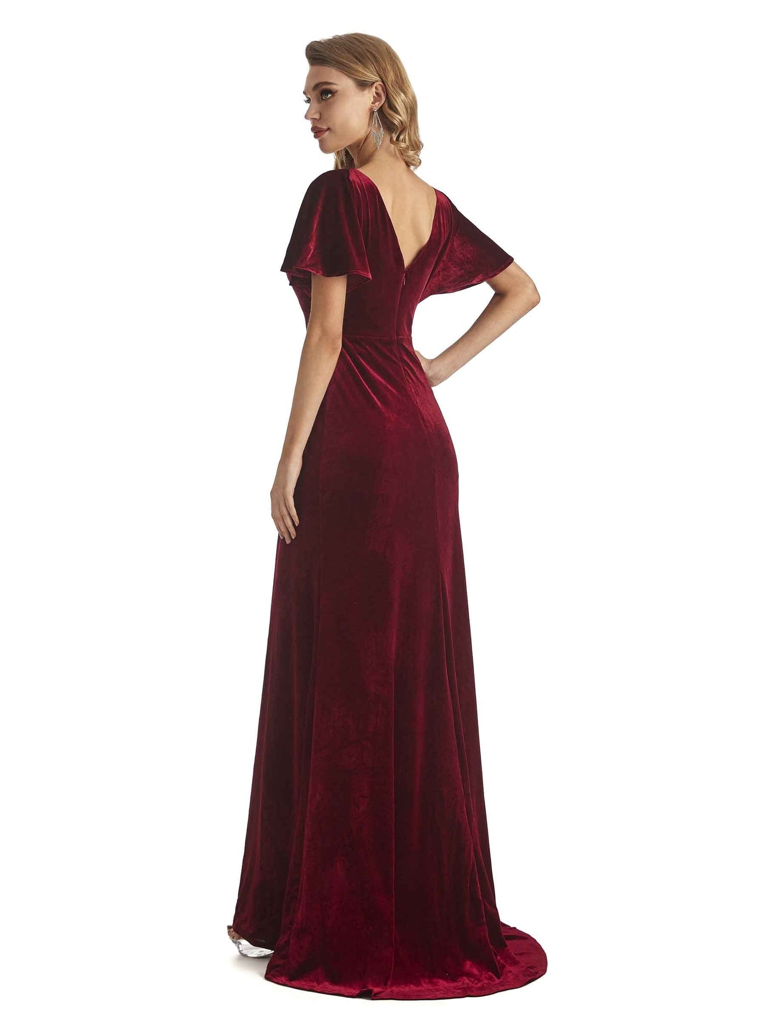 Elegant Velvet Short Sleeves V-neck Long Bridesmaid Dresses Online UK