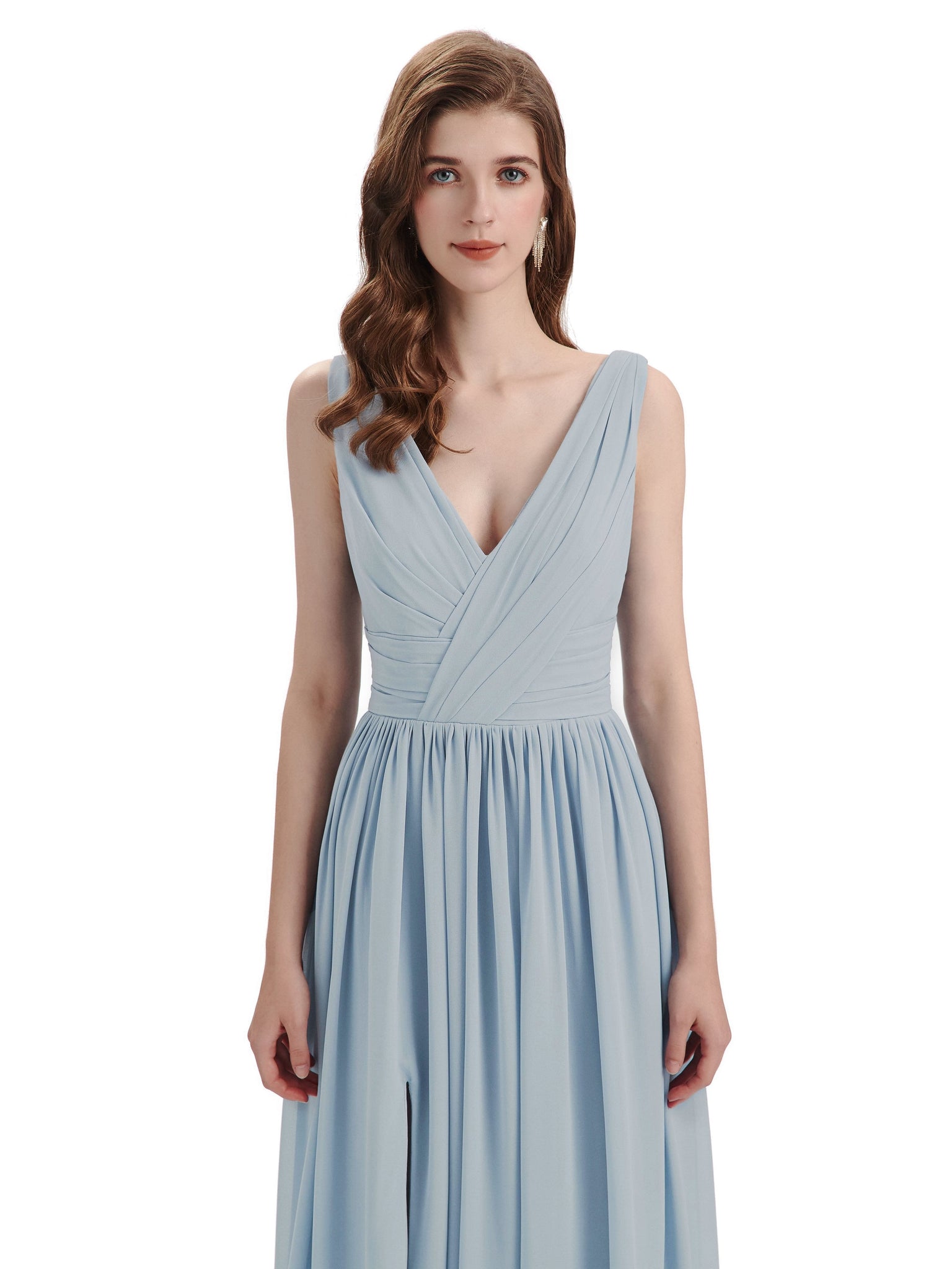 Sexy Side Slit V-Neck Sleeveless Long Chiffon Long Maid of Honor Dresses Uk