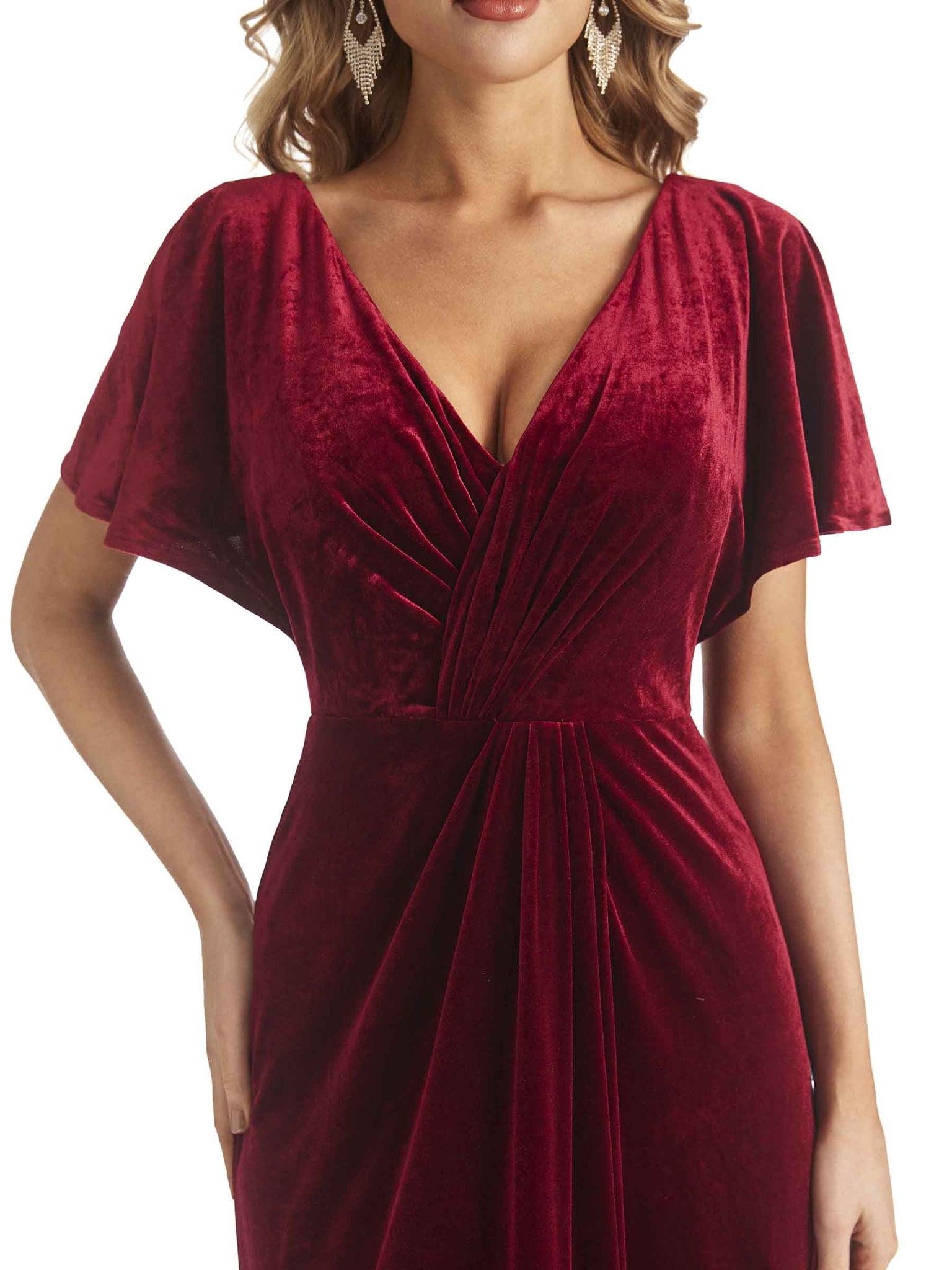 Elegant Velvet Short Sleeves V-neck Long Bridesmaid Dresses Online UK