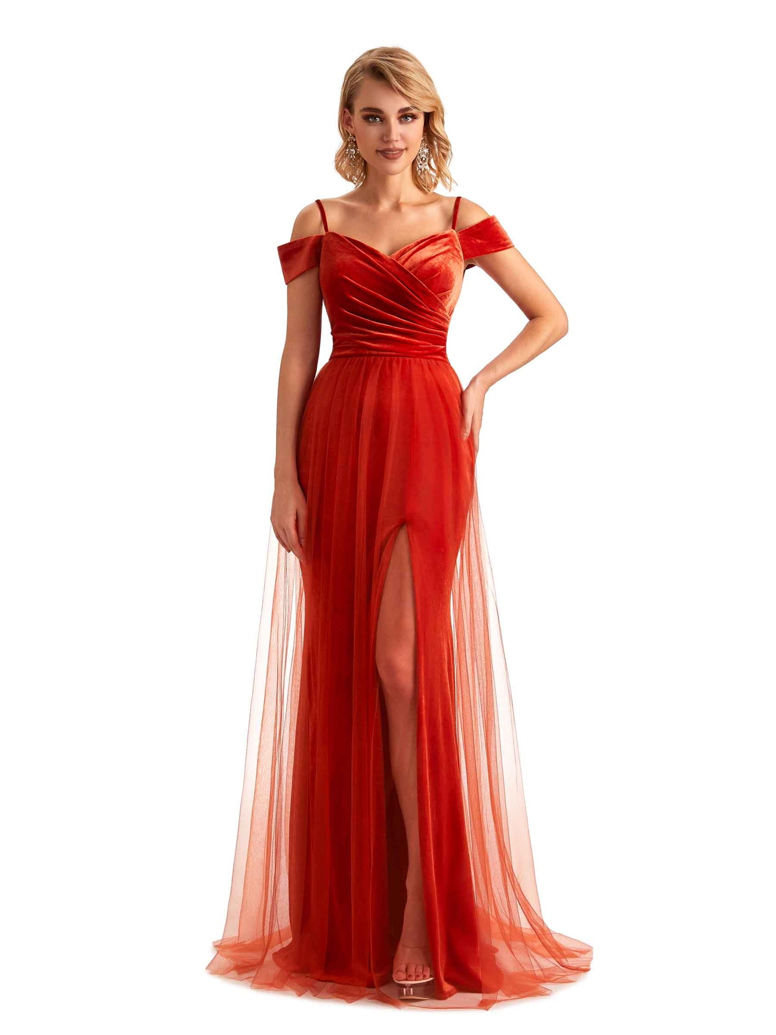 Unique Mermaid Cold Shoulder Side Slit Tulle Velvet Long Bridesmaid Dresses UK