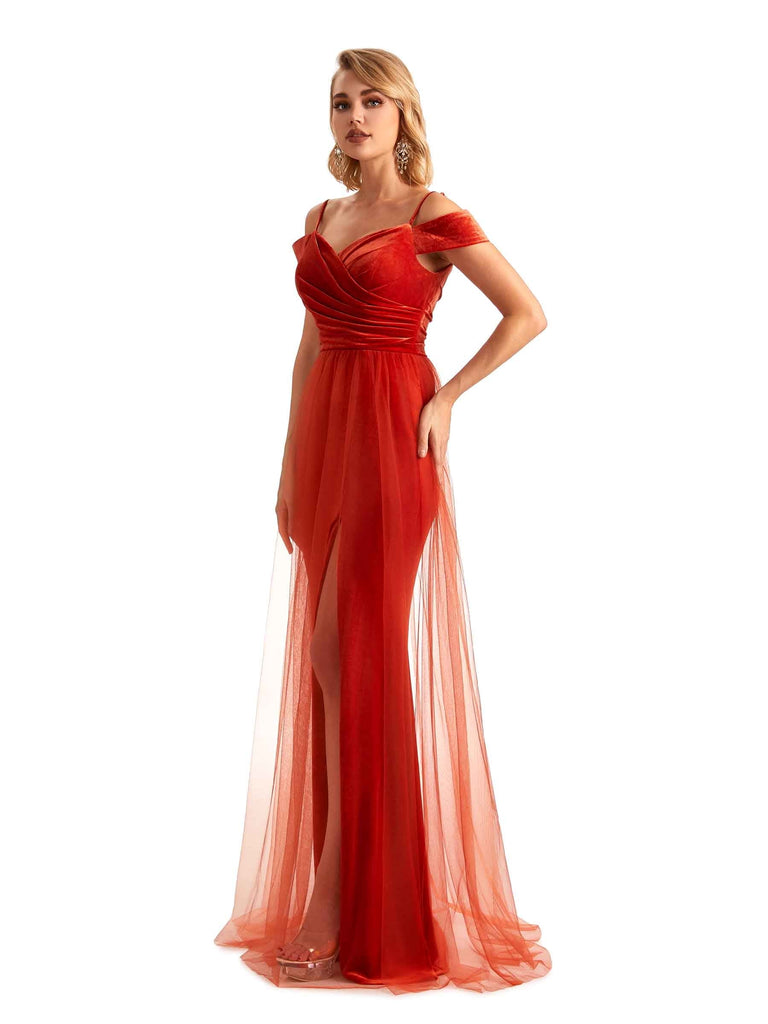 Elegant Mermaid Spaghetti Straps Off Shoulder Side Slit Tulle Velvet Long Bridesmaid Dresses- ChicSew chicsewuk Elegant Mermaid Spaghetti Straps Off Shoulder Side Slit Tulle Velvet Long Bridesmaid Dresses- ChicSew chicsewuk