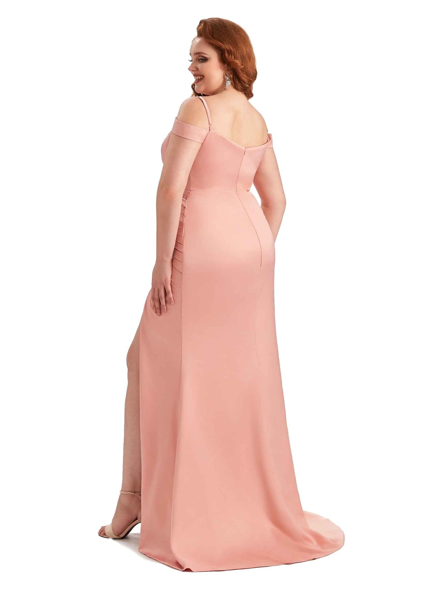 Sexy Side Slit Mermaid Cold Shoulder Soft Satin Long Plus Size Bridesmaid Dresses UK