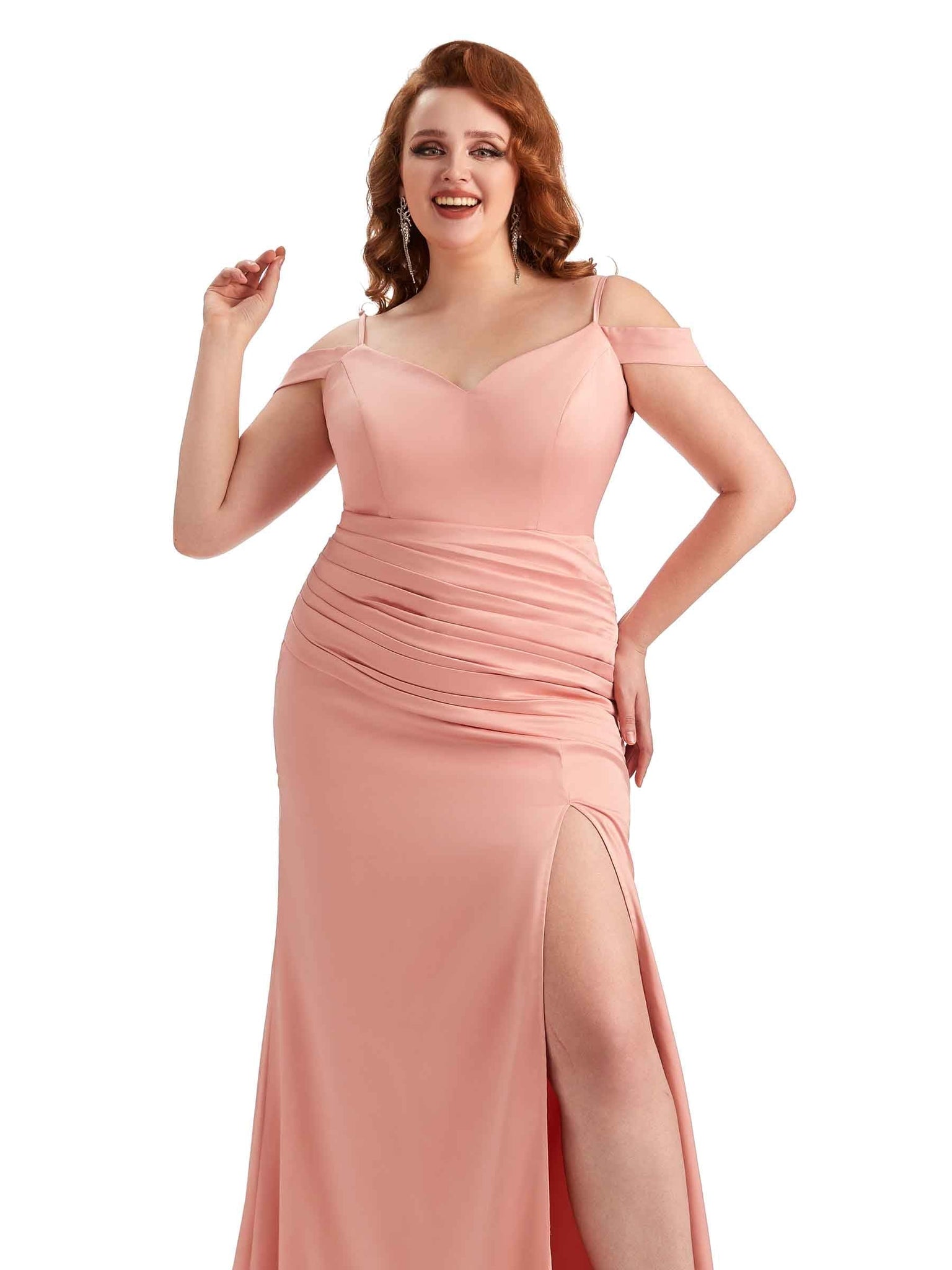 Sexy Side Slit Mermaid Cold Shoulder Soft Satin Long Plus Size Bridesmaid Dresses UK