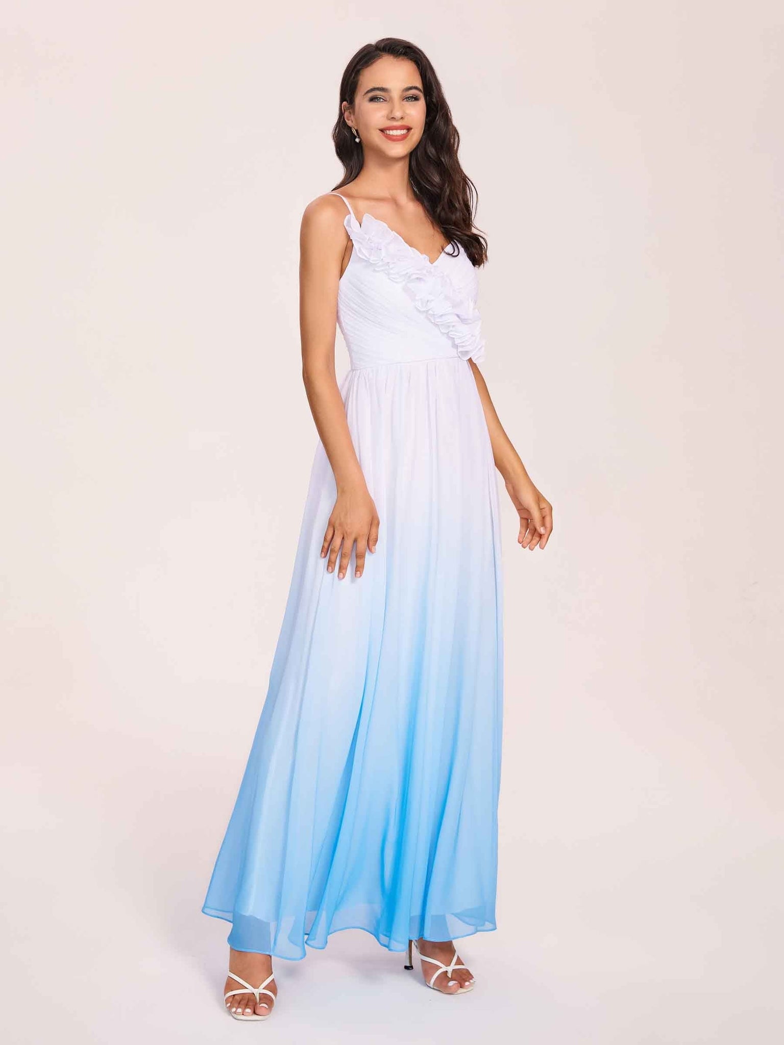 Spaghetti Straps Floral A-line Ombre Chiffon Long Bridesmaid Dresses Online