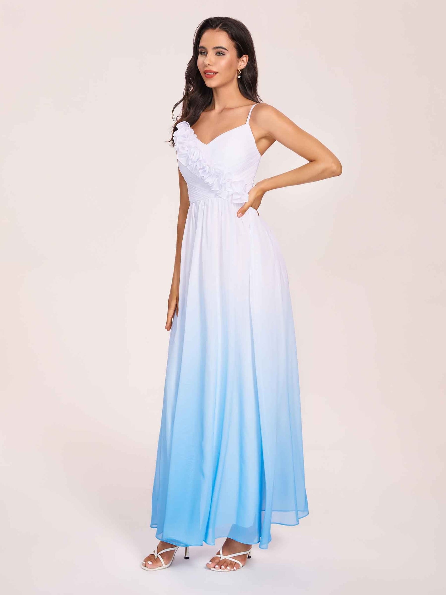Spaghetti Straps Floral A-line Ombre Chiffon Long Bridesmaid Dresses Online