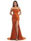 Sexy Side Slit Soft Satin Off The Shoulder Long Mermaid Bridesmaid Dresses UK