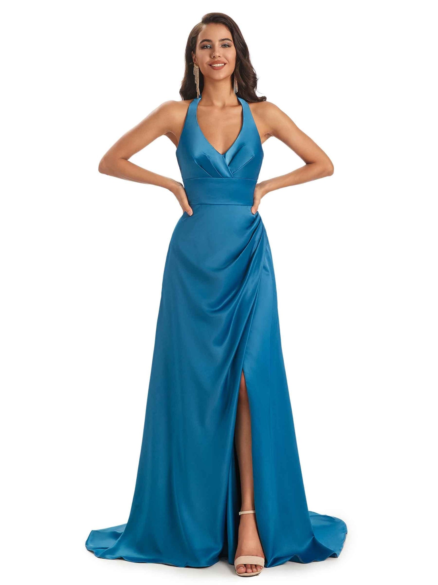 Sexy Soft Satin Side Slit Halter Floor-Length Long Prom Dresses Online