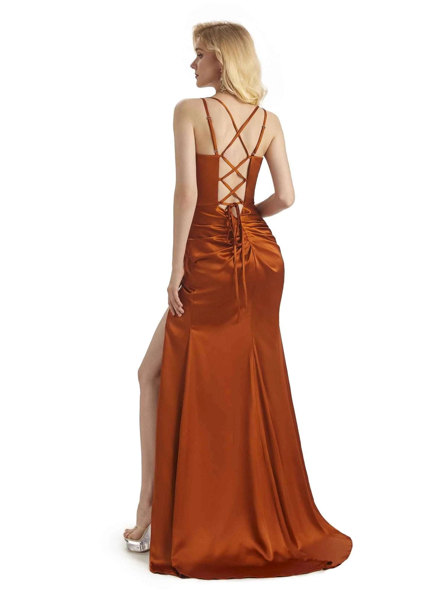 Elegant Spaghetti Straps V Neck Side Slit Soft Satin Long Mermaid Prom Dresses