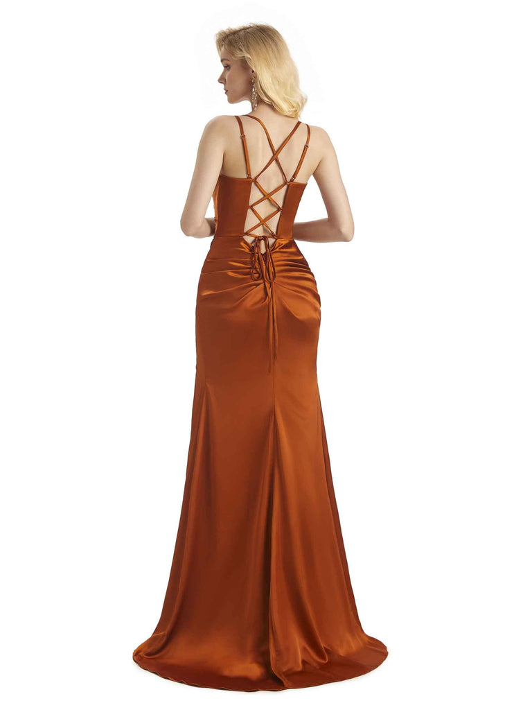 Elegant Spaghetti Straps Cowl Side Slit Soft Satin Long Mermaid Bridesmaid Dresses UK
