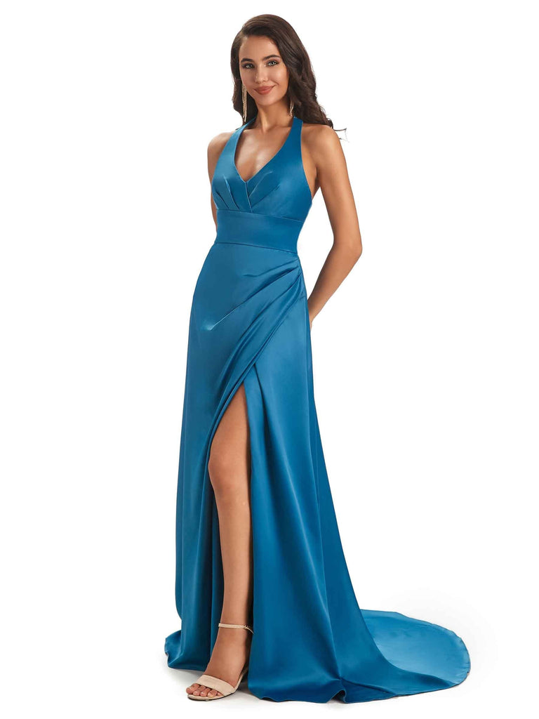 Sexy Soft Satin Side Slit Halter Floor-Length Long Prom Dresses Online