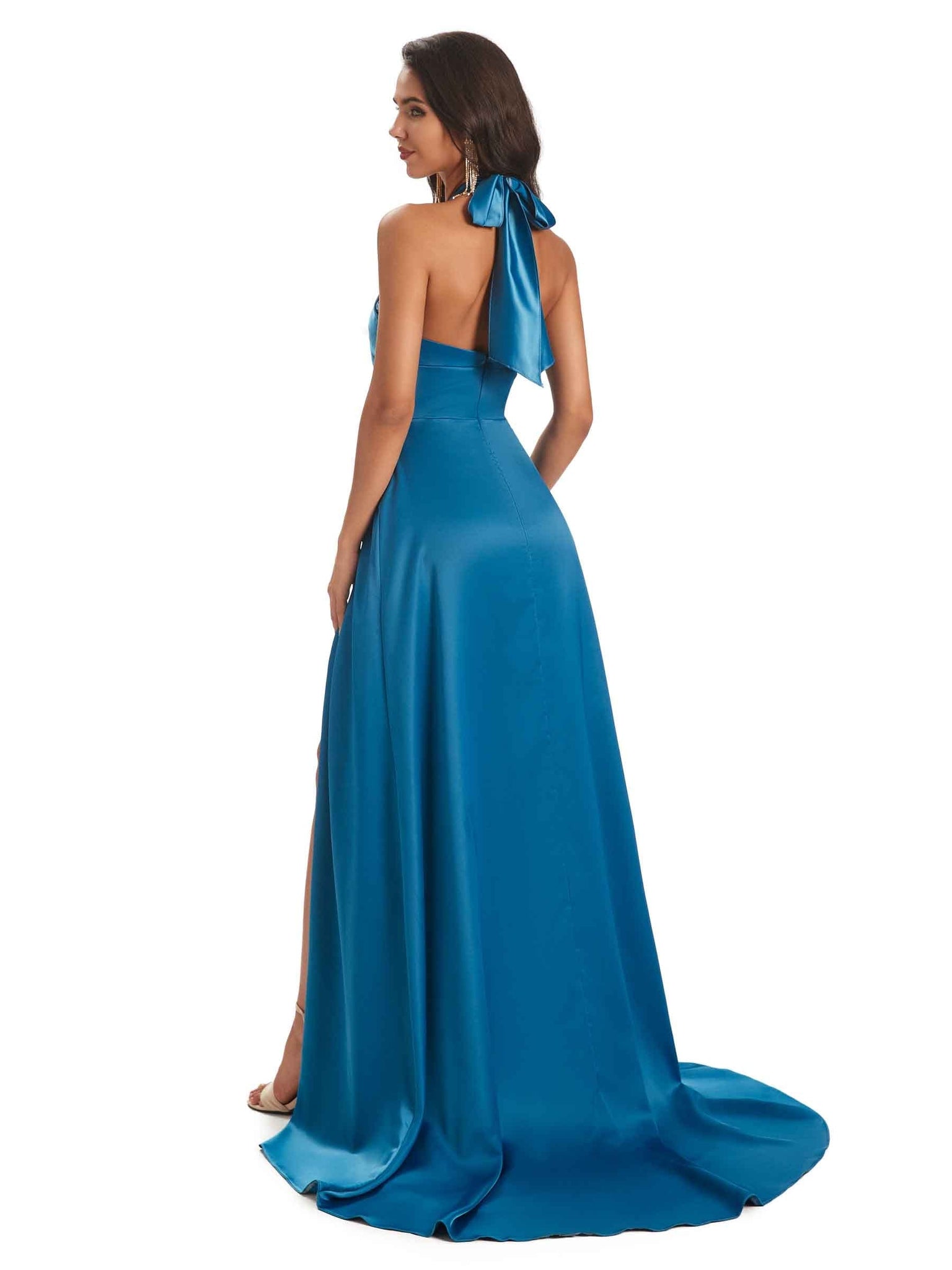 Sexy Soft Satin Side Slit Halter Floor-Length Long Prom Dresses Online
