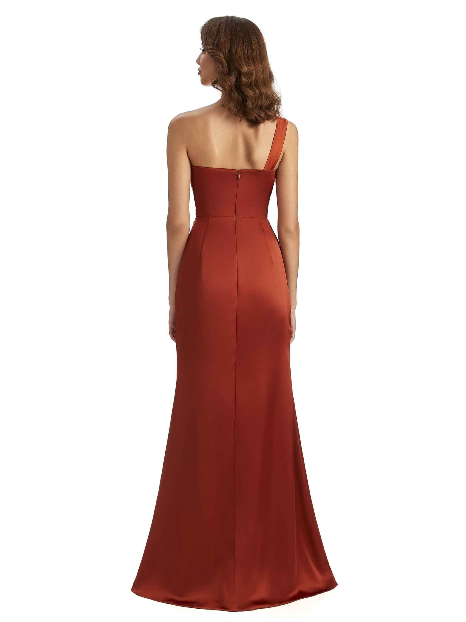 Satin One Shoulder Sexy Side Split Mermaid Unique Long Satin Dresses For Bridesmaids UK