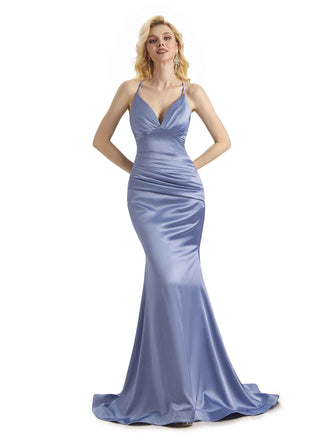 Sexy Backless Satin Mermaid Spaghetti Straps V-Neck Long Bridesmaid Dresses UK