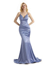 Sexy Backless Satin Mermaid Spaghetti Straps V-Neck Long Bridesmaid Dresses UK Online Sale