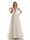 Ivory Lace A-line Applique Deep V-neck Floor-length Long Reception Prom Dresses