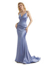 Elegant Soft Satin Mermaid Spaghetti Straps V-Neck Backless Long Prom Dresses Online
