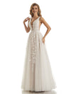 Ivory Lace A-line Applique Deep V-neck Floor-length Long Reception Prom Dresses